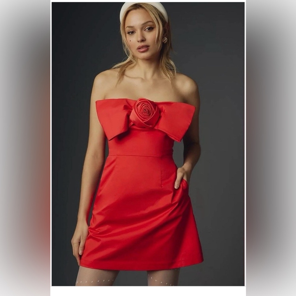 Anthropologie Hutch Strapless Red Dress with Floral Detail